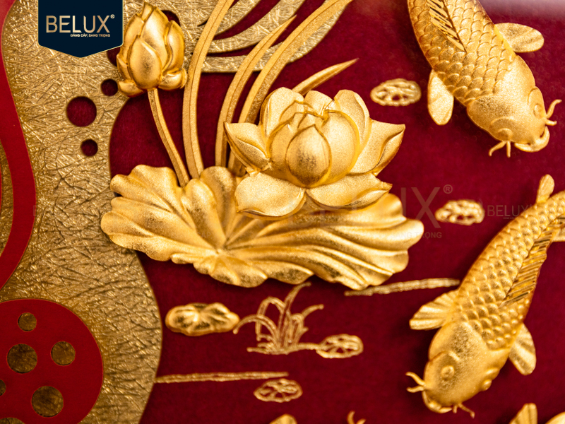 Tranh Cửu Ngư Quần Hội Dát Vàng 24k Nền Đỏ